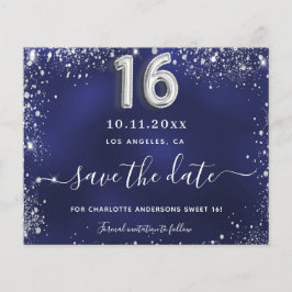 Sweet 16 navy blauw zilver glitter save date kaart