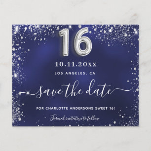 Sweet 16 navy blauw zilver glitter save date kaart