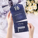 Sweet 16 navy blauw zilver sterren rsvp all in one uitnodiging<br><div class="desc">Een marineblauwe achtergrond,  versierd met sterren. De blauwe kleur is ongelijk. Personaliseer en voeg namen,  partijgegevens,  RSVP-datum,  retouradres en naam toe. Nummer 16 is geschreven met een ballon stijl lettertype.</div>