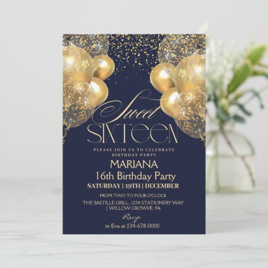 Sweet 16 Navy blauwe en gouden ballonnen Foto Verj Kaart (Staand voorkant)