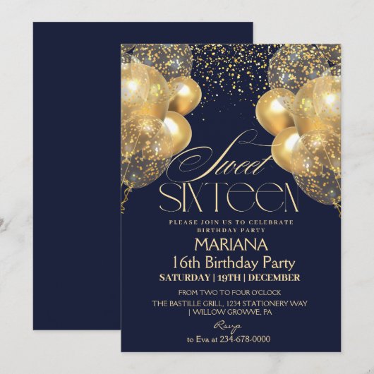 Sweet 16 Navy blauwe en gouden ballonnen Foto Verj Kaart (Voorkant / Achterkant)