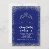 Sweet 16 Navy Blue Silver Glitter Diamond Tiara Kaart (Voorkant)