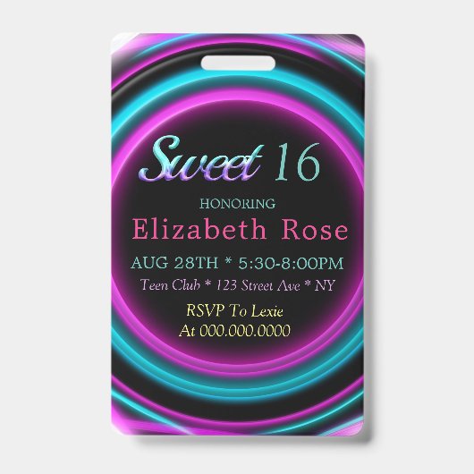 Sweet 16 Neon Birthday Party Badge (Voorzijde)