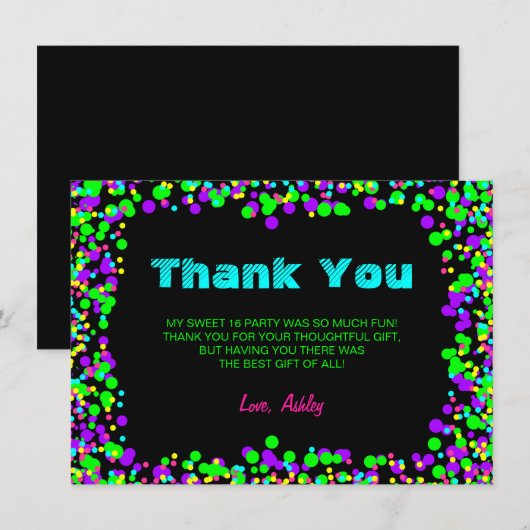 Sweet 16 Neon Glow Confetti Bedankkaart (Voorkant / Achterkant)