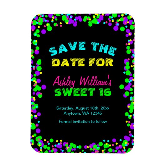 Sweet 16 Neon Glow Confetti Bewaar de datum Magneet (Verticaal)