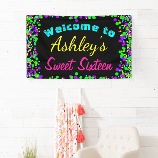 Sweet 16 Neon Glow Confetti Birthday Party Spandoek (Insitu)