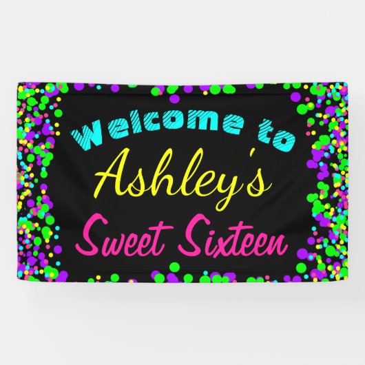 Sweet 16 Neon Glow Confetti Birthday Party Spandoek (Horizontaal)