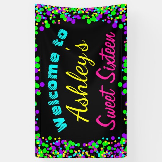 Sweet 16 Neon Glow Confetti Birthday Party Spandoek (Verticaal)