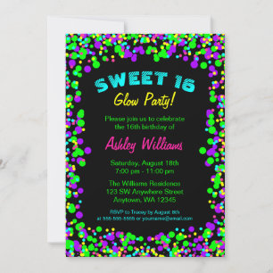 Sweet 16 Neon Glow Confetti Verjaardagsfeest Kaart