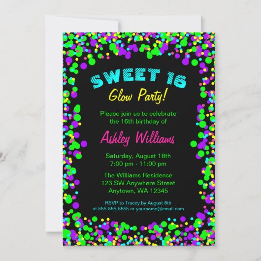 Sweet 16 Neon Glow Confetti Verjaardagsfeest Kaart (Voorkant)