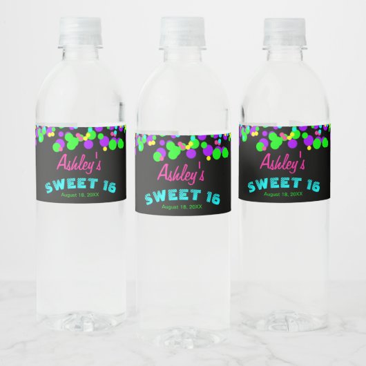 Sweet 16 Neon Glow Confetti Verjaardagsfeest Waterfles Etiket (Flessen)