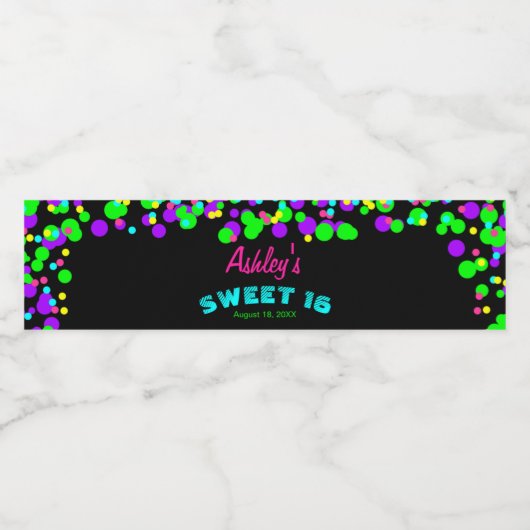 Sweet 16 Neon Glow Confetti Verjaardagsfeest Waterfles Etiket (Enkel label)