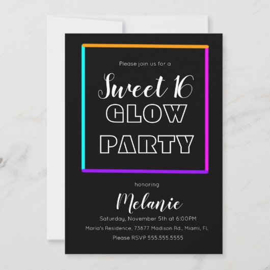 Sweet 16 Neon Glow in the Dark Beam Fun Party Kaart (Voorkant)