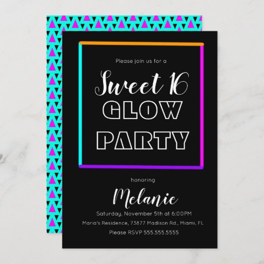 Sweet 16 Neon Glow in the Dark Beam Fun Party Kaart (Voorkant / Achterkant)