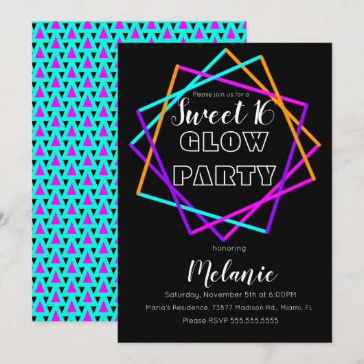 Sweet 16 Neon Glow in the Dark Multi Laser Kaart (Voorkant / Achterkant)