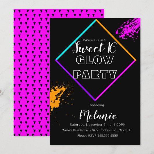 Sweet 16 Neon Glow in the Dark Multi Laser Paint Kaart (Voorkant / Achterkant)