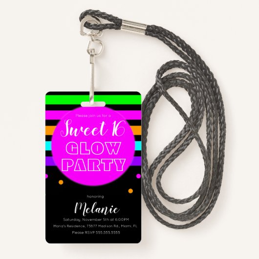 Sweet 16 Neon Glow Party Birthday Pass ID Badge (Voorkant met draagriem)