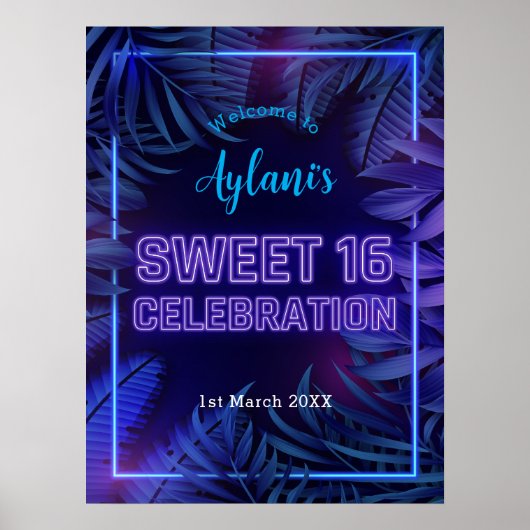 Sweet 16 Neon Glow Verjaardagsfeest Welkom Poster (Voorkant)