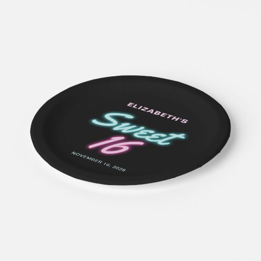 Sweet 16 Neon Lights Birthday Party Papieren Bordje (Gekanteld)