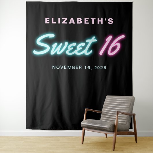 Sweet 16 Neon Lights Birthday Party Tapestry Wandkleed (In situ)