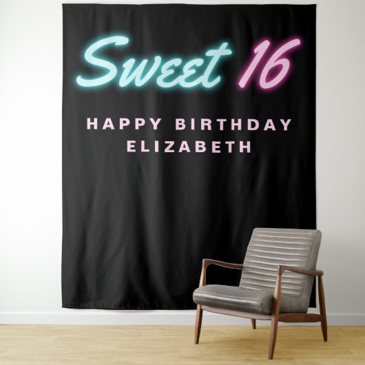 Sweet 16 Neon Lights Black Birthday Party Tapestry Wandkleed (In situ)