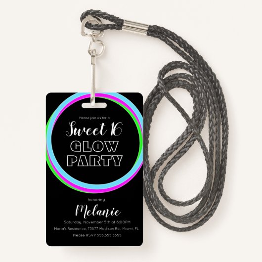 Sweet 16 Neon Party Glow Birthday Pass ID Badge (Voorkant met draagriem)