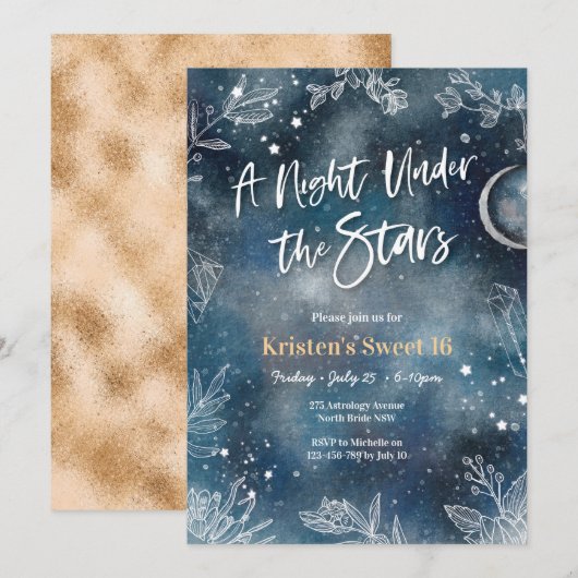 Sweet 16 Night under stars floral Party Invitation Kaart (Voorkant / Achterkant)