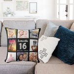 Sweet 16 op maat gesneden foto-collage zwarte zilv kussen<br><div class="desc">Een unieke gave voor de 16, 16e verjaardag van een meisje, die haar leven viert met een collage van 8 van je eigen foto's, afbeeldingen. Pas haar naam en een datum aan en voeg deze toe. Een zwarte achtergrond. De naam wordt geschreven met een modern handgeschreven stijlmanuscript, nummer 16 met...</div>
