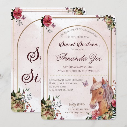 Sweet 16 Paard ontwerp uitnodiging (Voorkant / Achterkant)