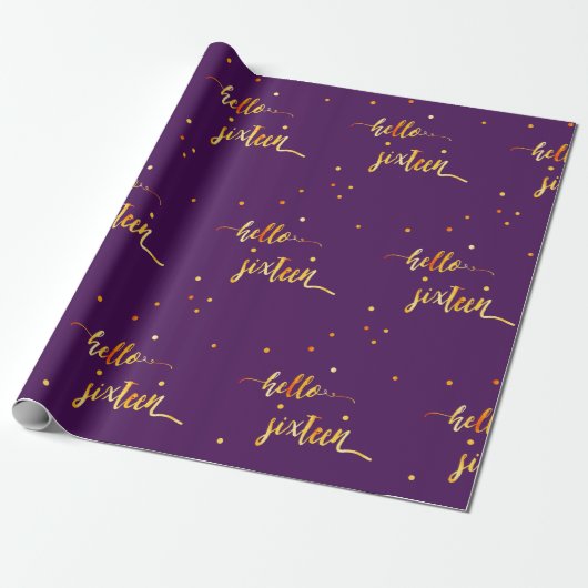 Sweet 16 paars goud hallo zestien script cadeaupapier (Uitgerold)