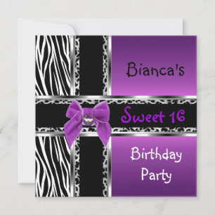 Sweet 16 Paars Roze Zilver Zwart Zebra Luipaard Kaart