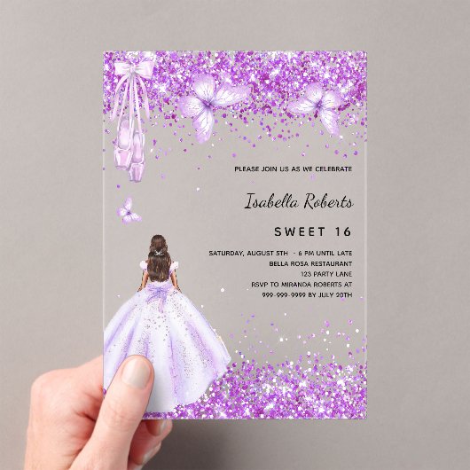 Sweet 16 paarse ballerina dress vlinders Clear Acryl Uitnodigingen (Insitu (Draagbaar))