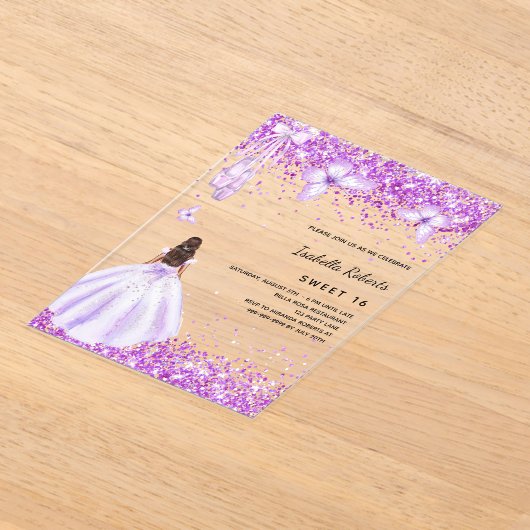 Sweet 16 paarse ballerina dress vlinders Clear Acryl Uitnodigingen (Laagn)