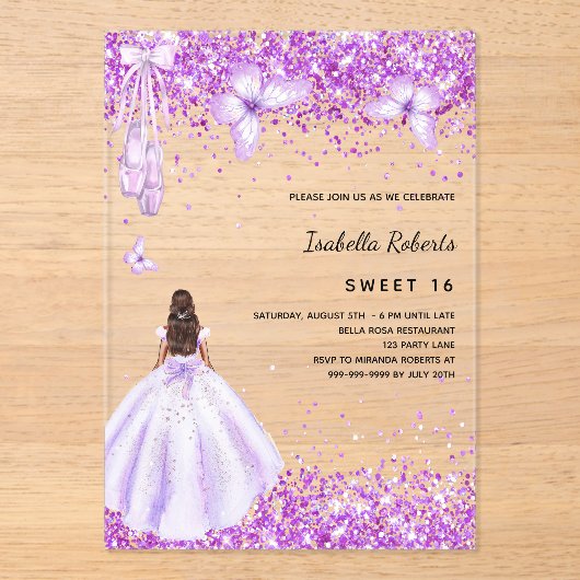 Sweet 16 paarse ballerina dress vlinders Clear Acryl Uitnodigingen (Voorkant)
