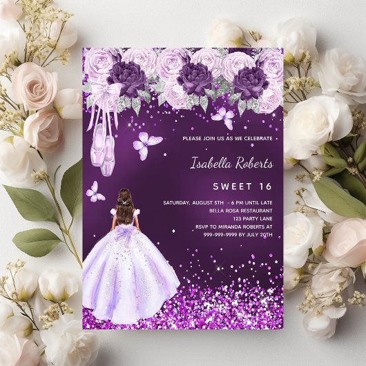 Sweet 16 paarse ballerina jurk bloemen uitnodiging