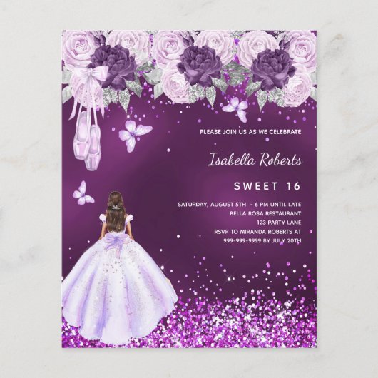 Sweet 16 paarse ballerina jurk bloemen uitnodiging flyer (Voorkant)