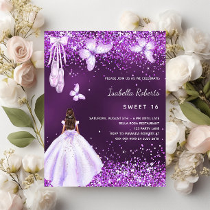 Sweet 16 paarse ballerina jurk uitnodiging