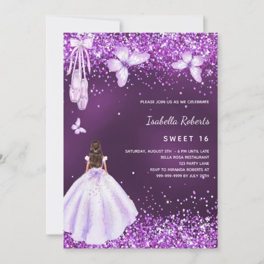 Sweet 16 paarse ballerina jurk vlinders kaart (Voorkant)