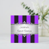 Sweet 16 Paarse Black Stripes Silver Jewel Party Kaart (Staand voorkant)