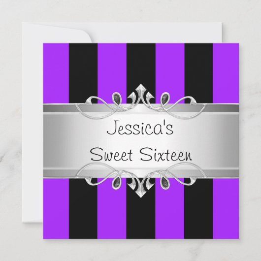 Sweet 16 Paarse Black Stripes Silver Jewel Party Kaart (Voorkant)