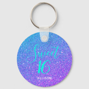 Sweet 16 Paarse Blauwgroen Glitter Chic Gepersonal Sleutelhanger