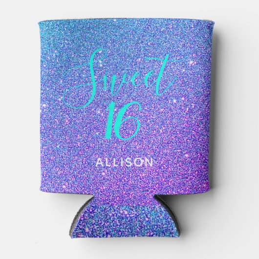 Sweet 16 Paarse Blauwgroen Glitter Party Favor Blikjeskoeler (Voorkant)