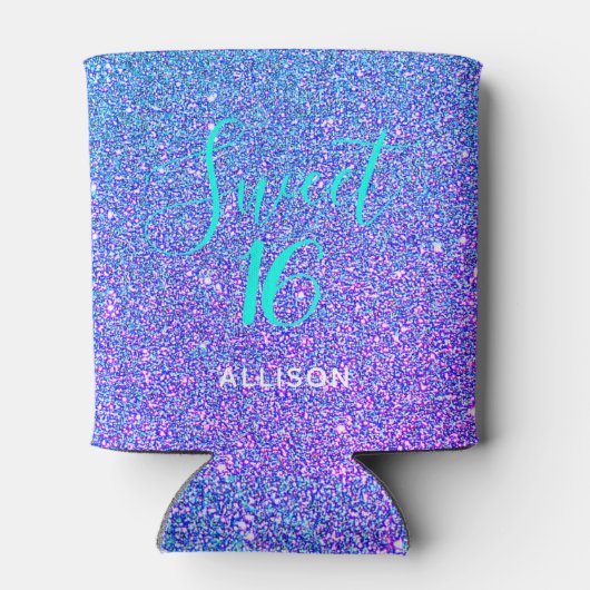 Sweet 16 Paarse Blauwgroen Glitter Party Favor Blikjeskoeler (Achterkant)