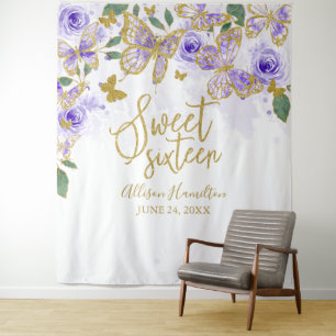 Sweet 16 Paarse Butterflies Floral Backdrop Wandkleed