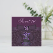 Sweet 16 Paarse Diva Cake & Jewel Heart Invites Kaart (Staand voorkant)