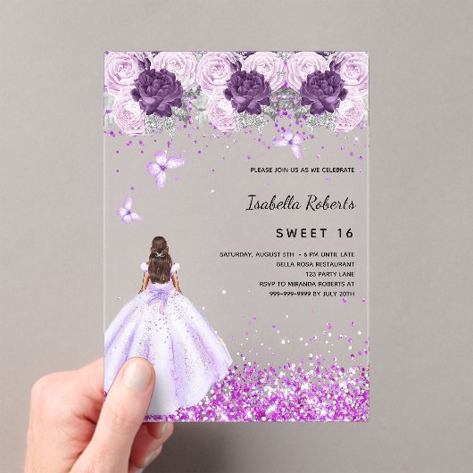Sweet 16 paarse dress roze bloemen clear acryl uitnodigingen (Insitu (Draagbaar))