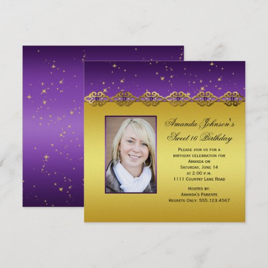 Sweet 16 Paarse en goudastars Kaart (Voorkant / Achterkant)