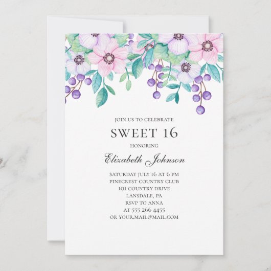 Sweet 16. Paarse en roze bloemen. 16e verjaardag Kaart (Voorkant)