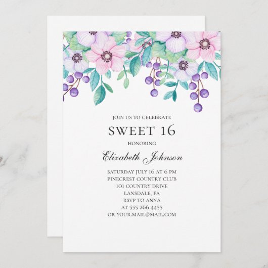 Sweet 16. Paarse en roze bloemen. 16e verjaardag Kaart (Voorkant / Achterkant)