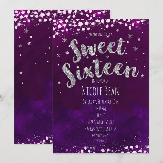 Sweet 16 Paarse en zilveren Sterrennacht Kaart (Voorkant / Achterkant)